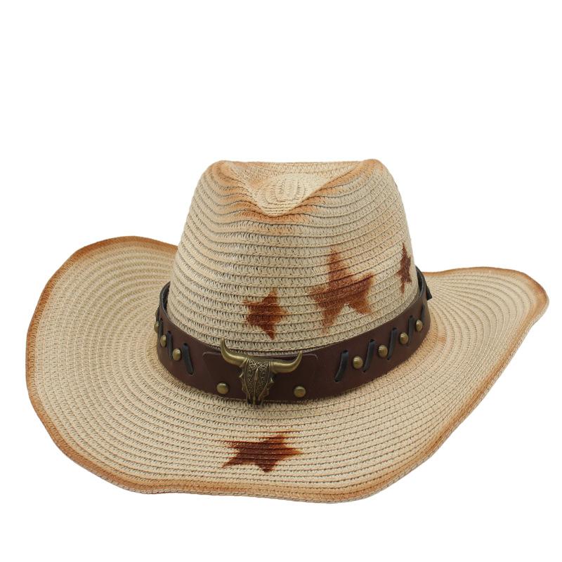 Summer Beach Straw Hat Cow Head Ethnic Wind Breathable Men'S And Women'S Pentagonal Western Cowboy Hat