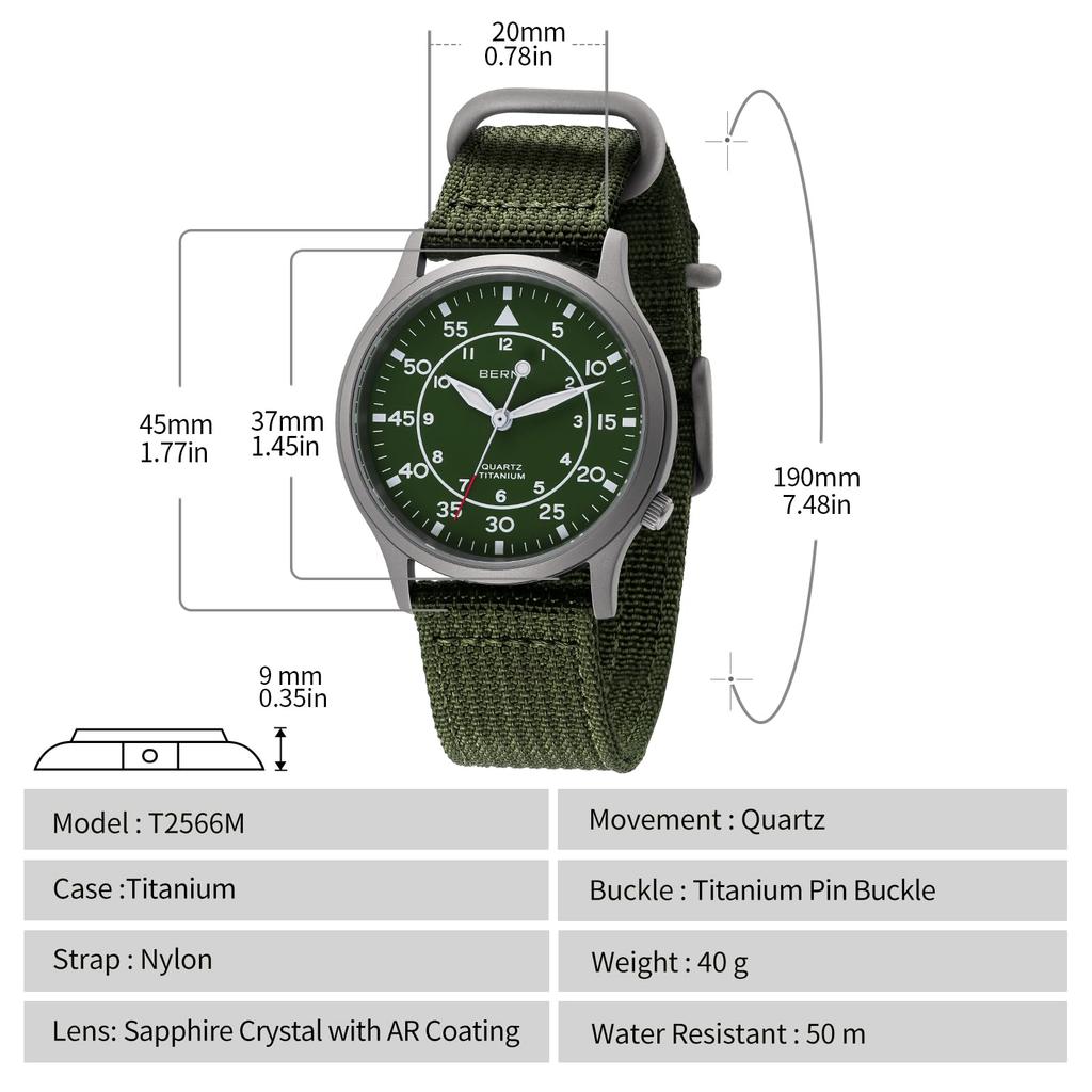 BERNY Men's Titanium Watch, Japanese Sweep Second Quartz Movement, Analog Quartz, 5ATM Waterproof, Lightweight Titanium Construction