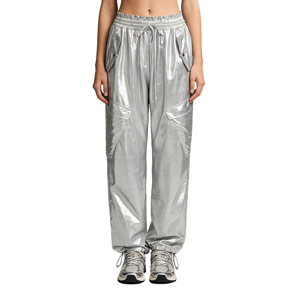 Shiny Metallic Cargo Pants for Women Elastic Waistband with Ruffle Trim Multiple Pockets Jogger Style for Hip Hop Music Stage Outfit
