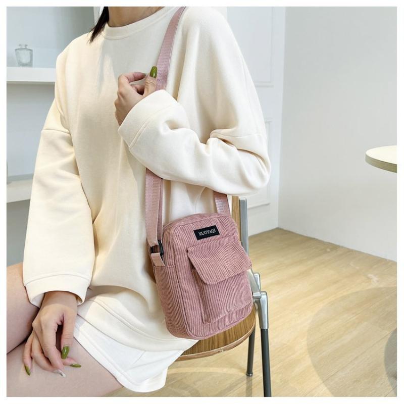 Women Corduroy Shoulder Bags Striped Cloth Fabric Handbags Casual Zip Tote Canvas Crossbody Bag Cute Shopping Bag for Ladies
