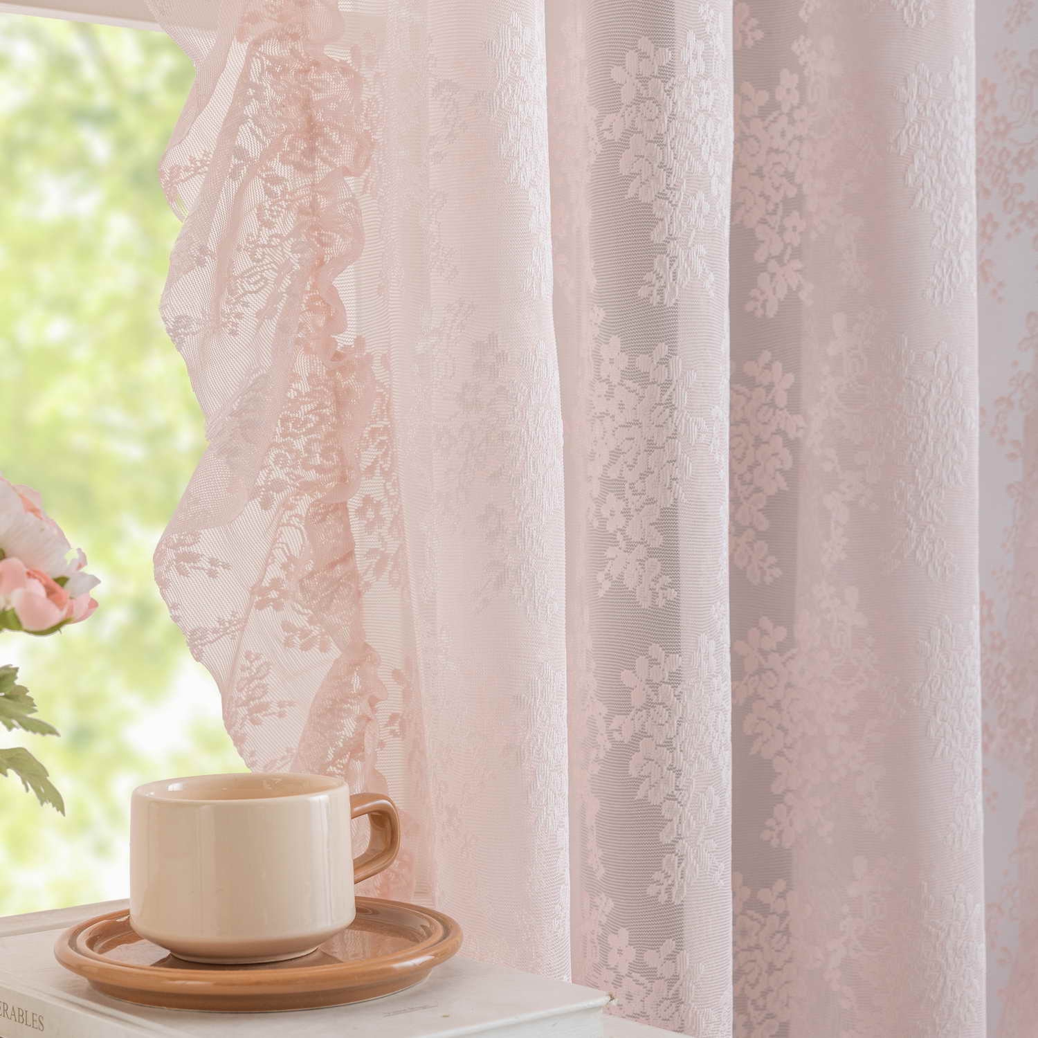 Roze Kant Ruches Doorzichtig Gordijn voor Woonkamer, Vintage Gordijn Bloemen Macramé Lichtfilter Tule Gordijnen voor Meisjes Slaapkamer Decoratie 1PC W100 X H160cm&Special Rod Pocket