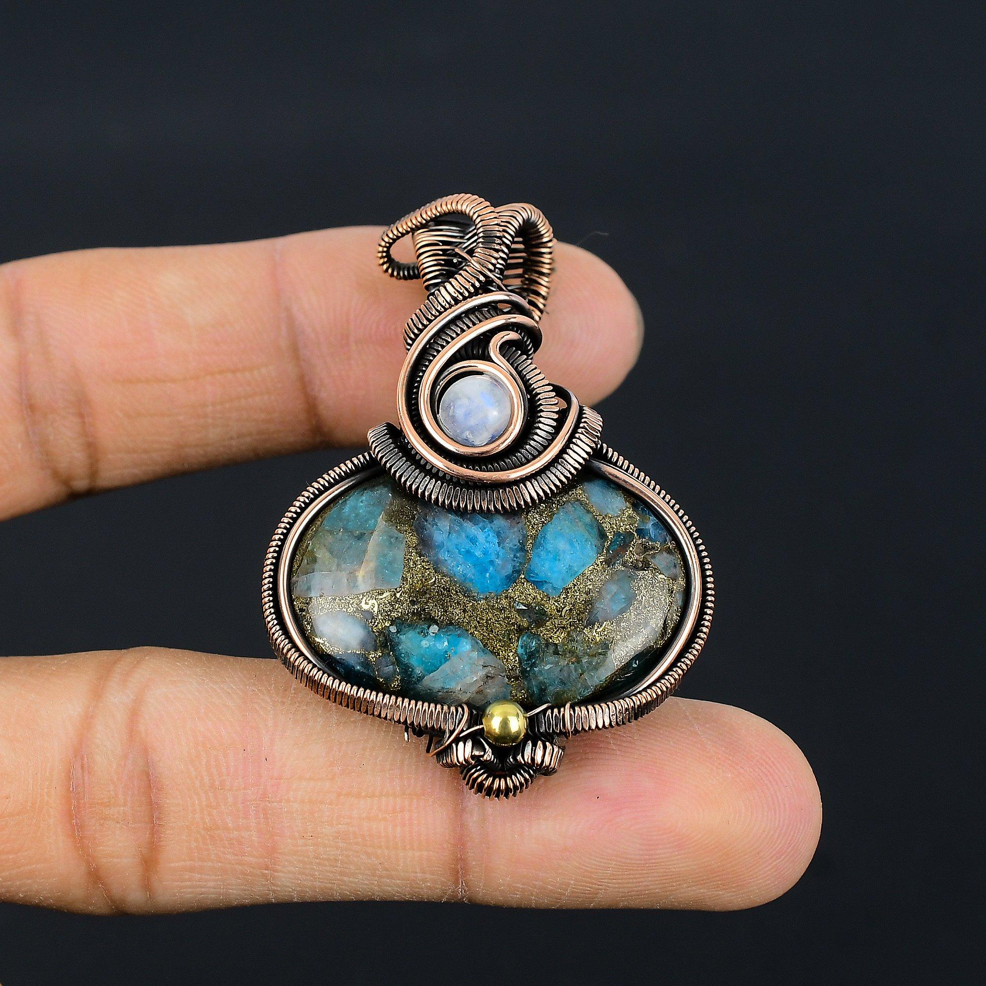 

Медный Неоновый Апатит Подвеска Драгоценный Камень Ювелирные Изделия, 999 Медная Проволока Оплетенная Подвеска ручной работы, Ювелирные изделия новейшего дизайна 2.55 Inches