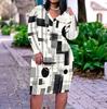 Women Plus Size V Neck Long Sleeve Radial Printed Black Orange Beige Straight Hem Dress