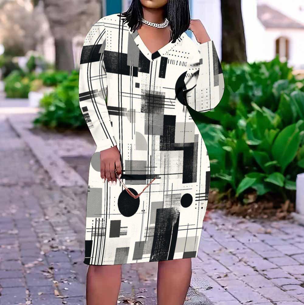 Women Plus Size V Neck Long Sleeve Radial Printed Black Orange Beige Straight Hem Dress