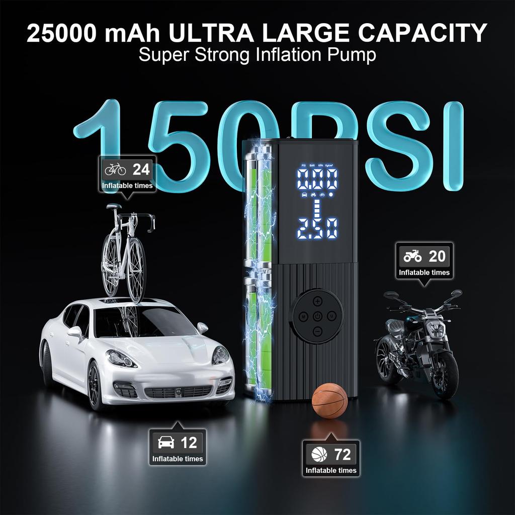 25000mAh Car Air Compressor Portable Tire Air Pump 150PSI LCD Digital Display Electric Airpump with Lamp for Balls Motorcycles