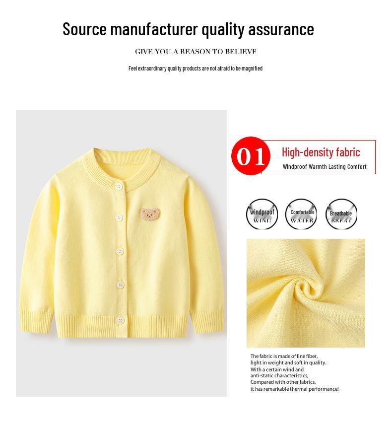 Korean Style Girls' Bear Embroidered Cotton Sweater Cardigan for Spring & Autumn