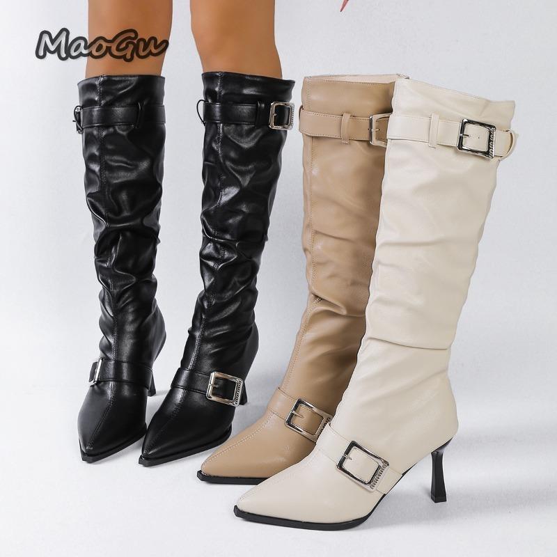 Fashion Fashion Metal Buckle Decor Long Boots for Women Solid Color Pointed Toe Autumn Knee High Boots Sexy Thin High Heel Party Shoes