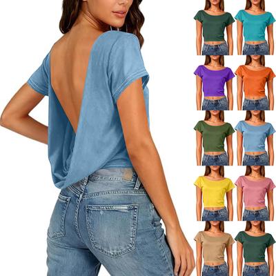 Women Summer Slim Fit Short Sleeve Crop Tops Sexy Backless T-Shirts
