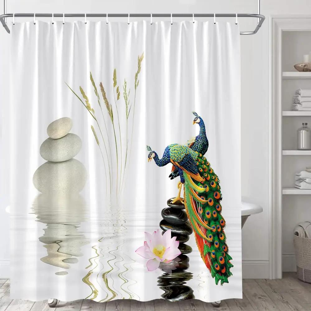 

Zen Shower Curtains Beautiful Peacock Spa Green Bamboo Stone Flower Plant Water Landscape Bathroom Decor Bath Curtain With Hooks W60H190(CM)-1 Pcs