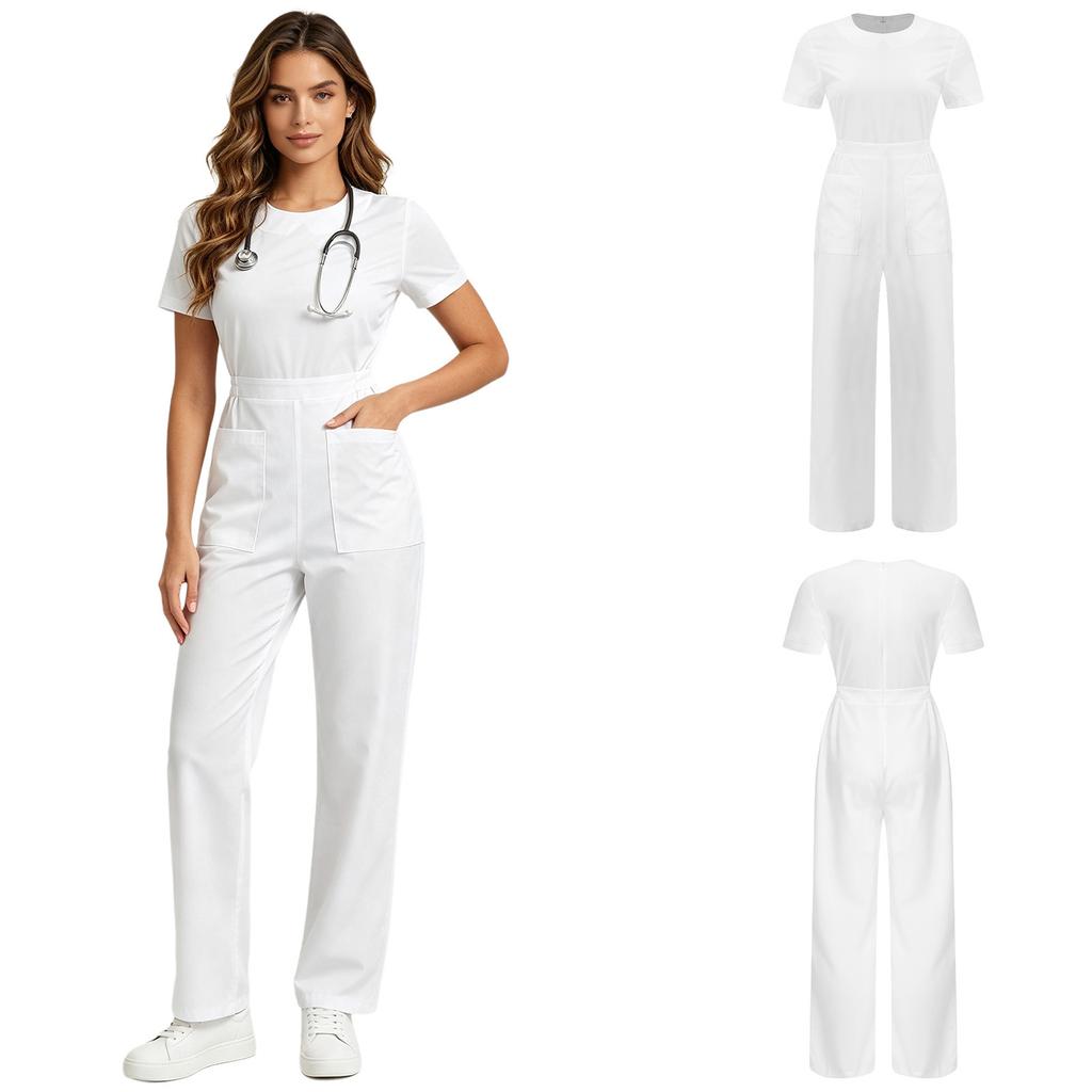 Women Scrubs Rompers Short Sleeve Front Big Patch Pockets Back Zipper Straight Wide Leg Jumpsuit Workwear for Doctor Nurse Medical Staff