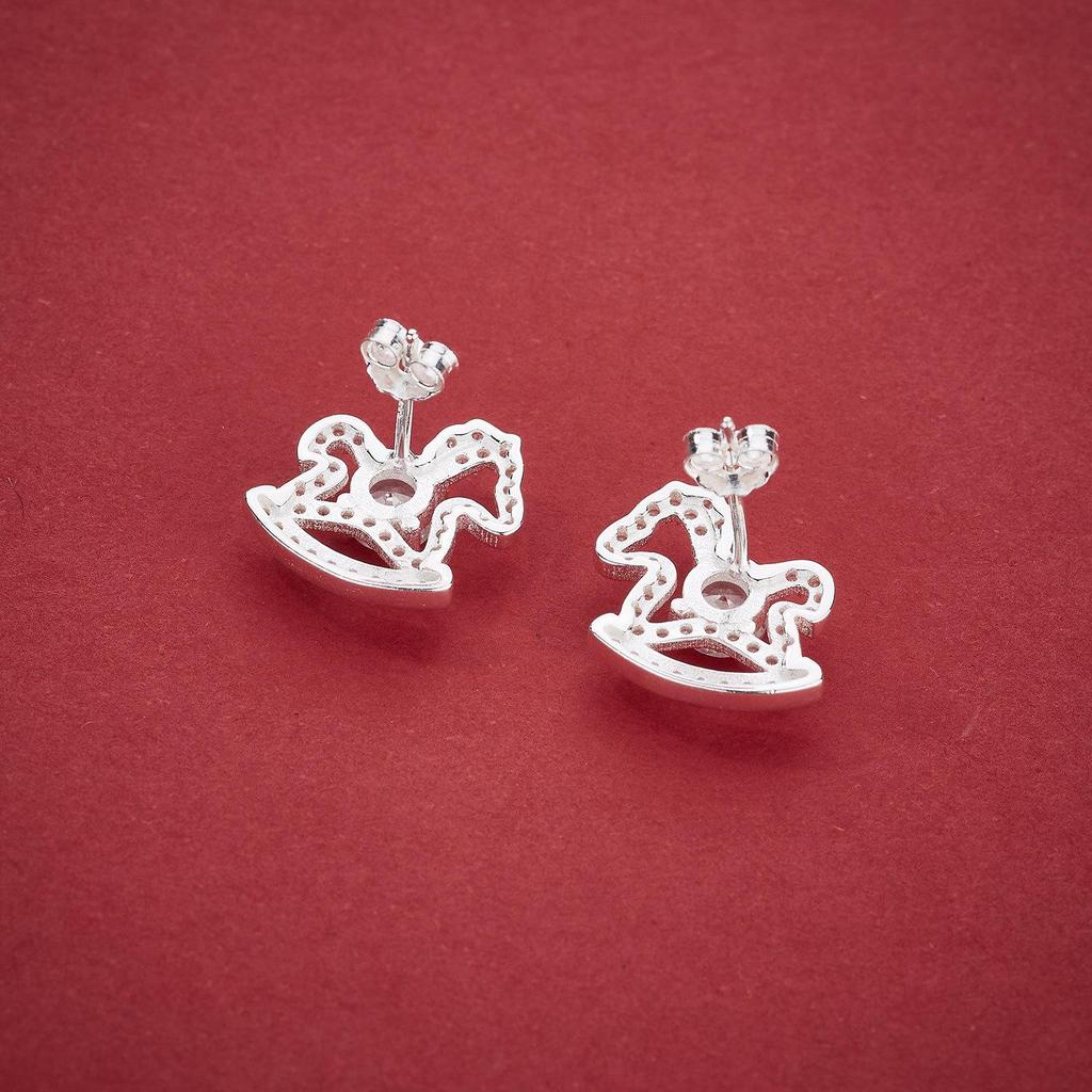 S925 Sterling Silver Rocking Horse Stud Earrings with Cubic Zirconia – Lucky New Year Gift for Her