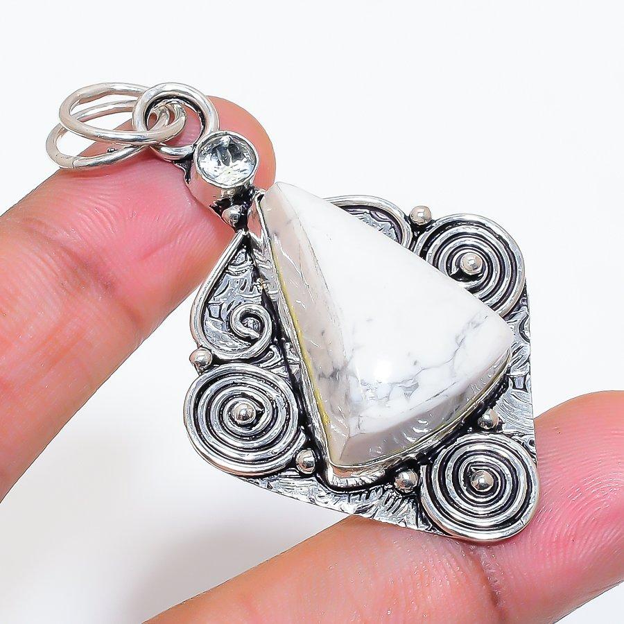 Natural Howlite Jasper, Topaz 925 Sterling Silver Jewelry Pendant 2.36" ZS-64