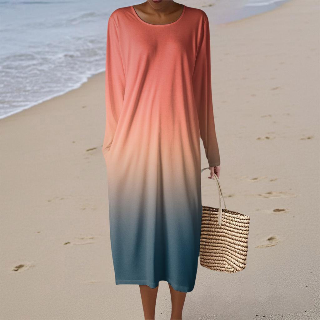 Women's Fashion Casual Long Sleeve Gradient Round Neck Pocket Elegant Temperament Dress