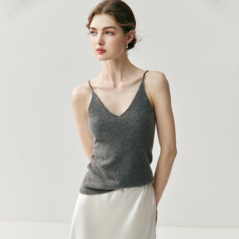 Women's V-Neck Slim Fit Cashmere Knit Spaghetti Strap Vest - Autumn/Winter 2026 Base Layer Top