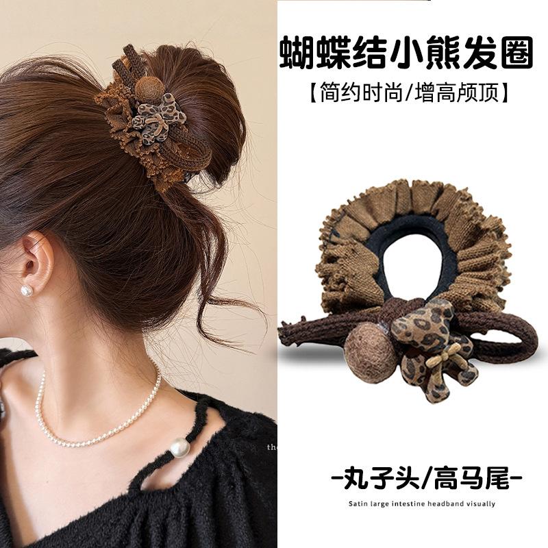 

New fabric lace flocking bear hair rope autumn and winter retro temperament ponytail headrope light luxury hair accessories women