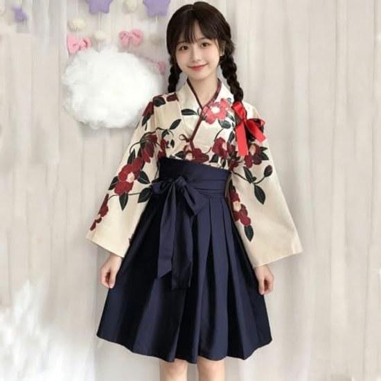 Taisho RomanHakamaWafukuKimonoHanfuWasouCostumeCosplayEth nic ClothingLadiesPlus SizeShortCamellia PatternMikohf0201-D-black-L