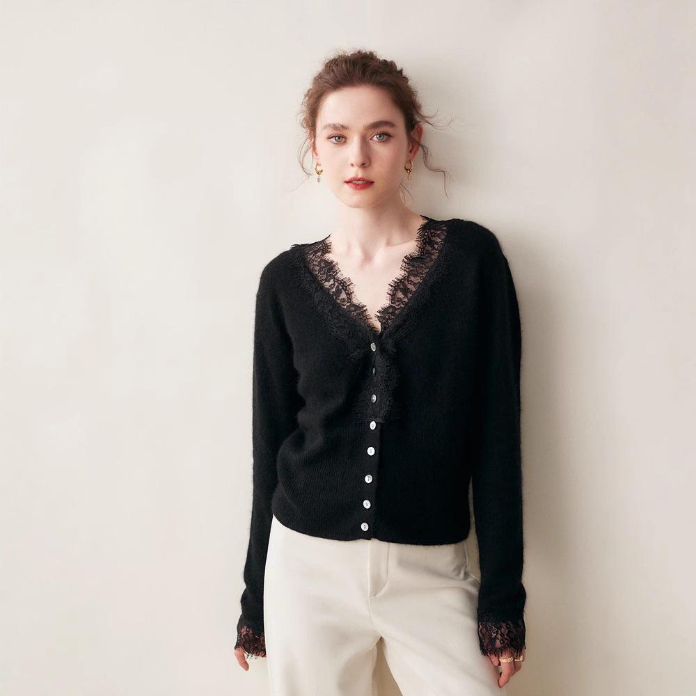 2024 Women's V-Neck Cashmere Cardigan with Lace Trim - Knitted Wool, Long Sleeve, Short Sweater Coat for Autumn Winter