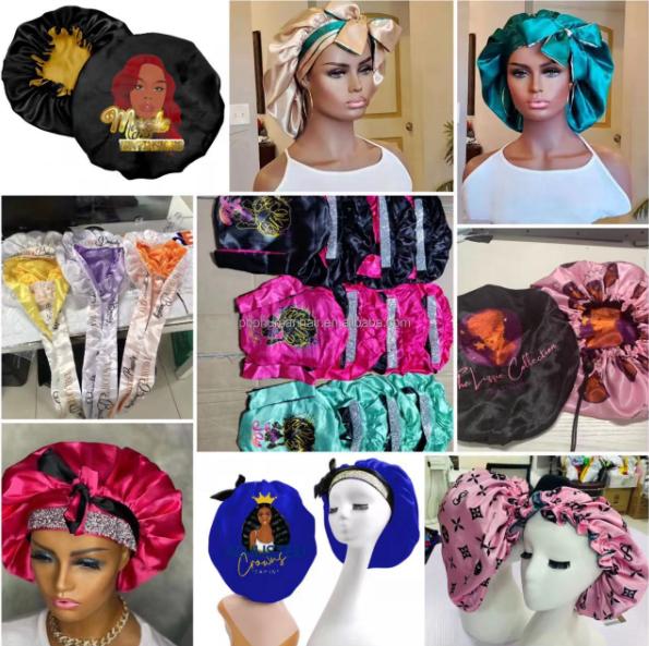 100% Silk Hair Weave Bonnet Satin Designer Bonnets Double Layer Hair Bonnets