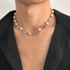 Hip-Hop Colorful Diamond Heart Pearl Splicing Necklace for Men Fashionable Personality Men's Collarbone Chain