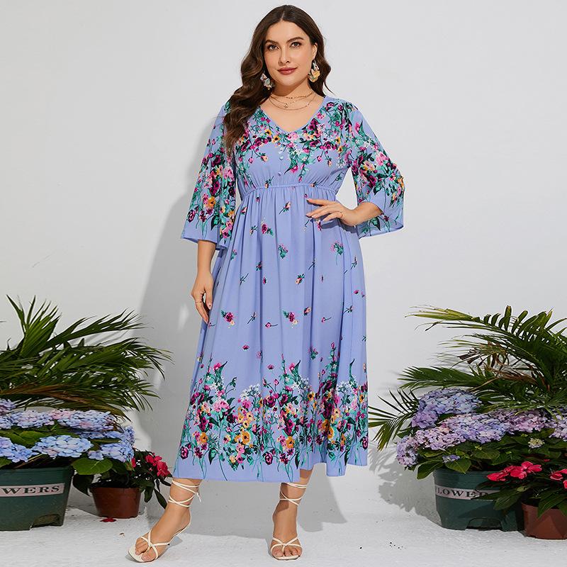 Rochie de damă de primăvară vară, mărime mare, din șifon, cu talie elastică, mâneci evazate, rochii lungi de vacanță