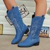 Fashion Large Size High Boots Female  European and American Fashion Explosion National Style Embroidery Pointed Low Heel Boots Femal