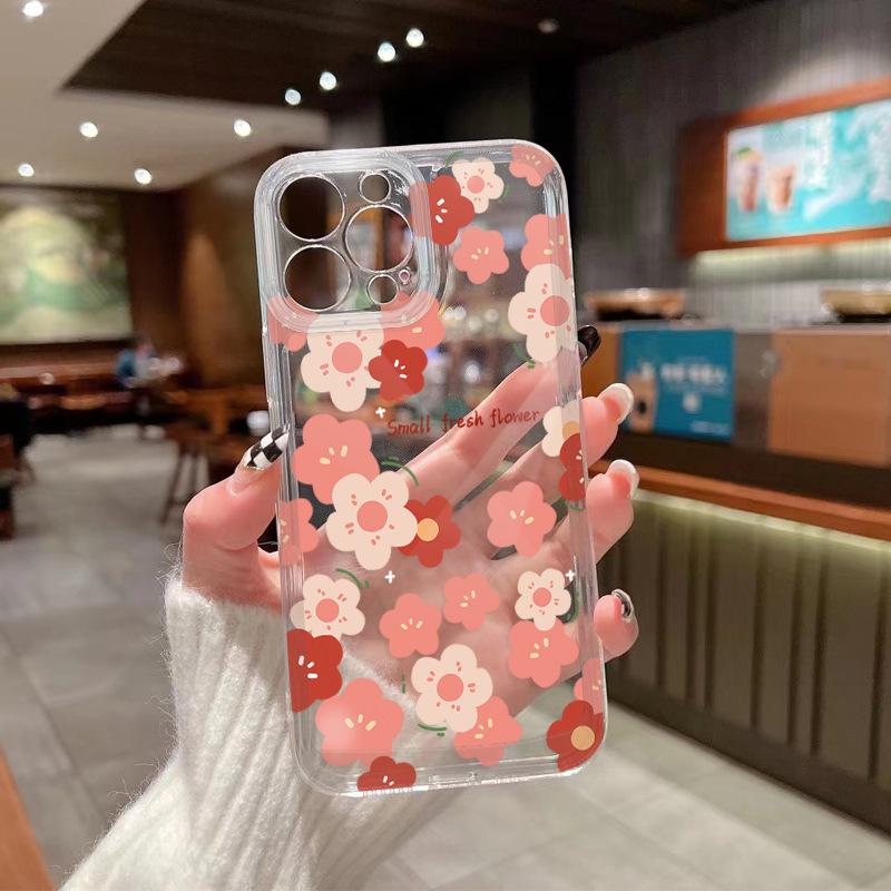 Summer mobile phone case iPhone15 red pink small floral transparent ultra-thin TPU soft case Apple 17p mobile phone case