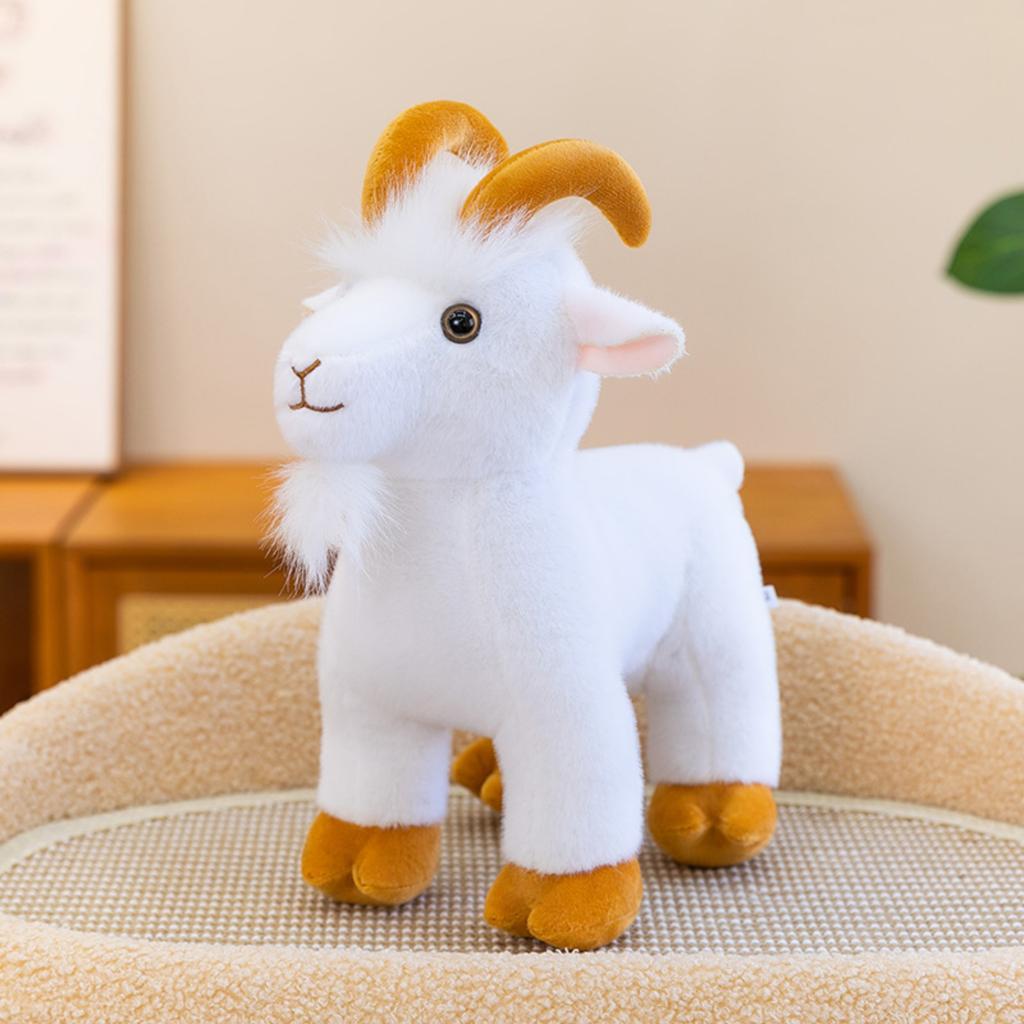 Realistic Simulation Goat Plush Toy Soft Stuffed Animal with Curved Horns and Fluffy Fur for Children Gift Home Decoration Collectible