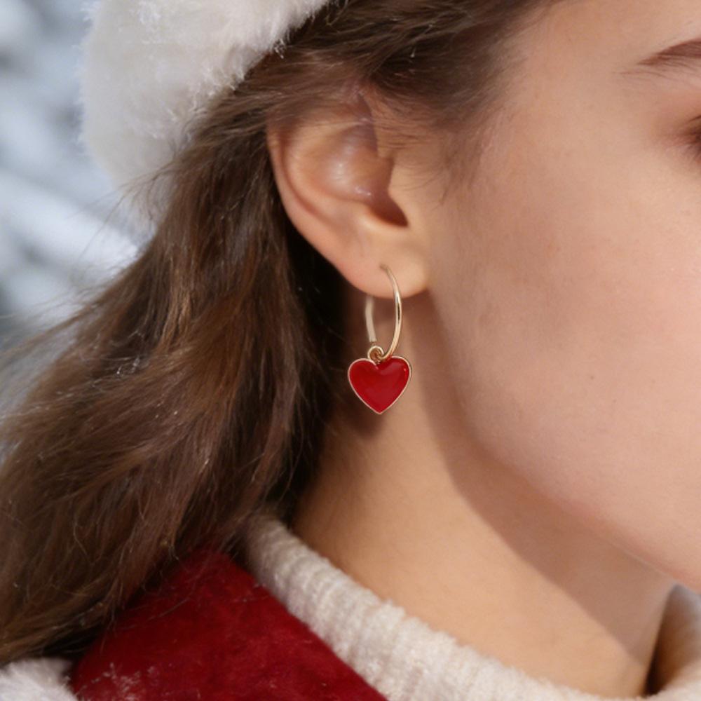 Gold Plated Red Enamel Heart Hoop Earrings, Dainty Love Charm Drop Earrings for Women
