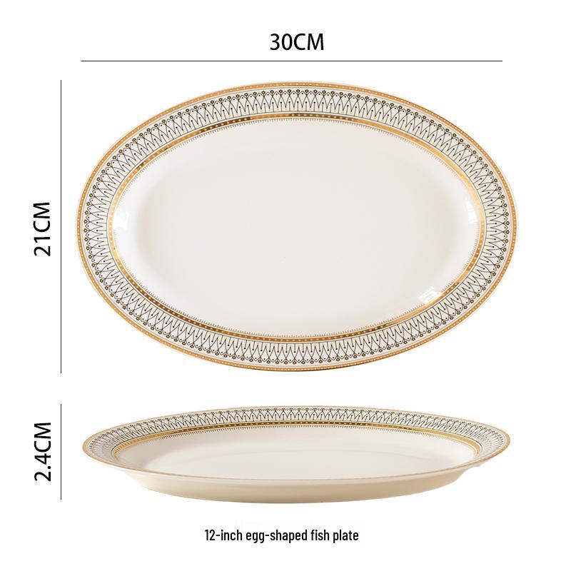 European Style Gold Rim Ceramic Dinnerware Set - Includes Large Bowls, Soup Bowls, Plates, and Rice Bowls for New Year Celebrations.
