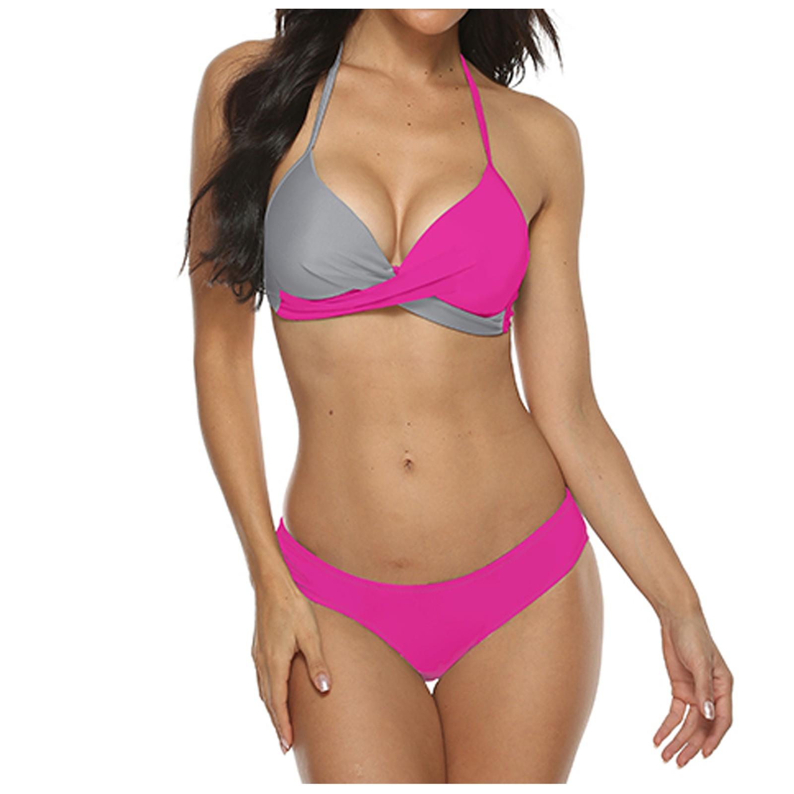 

Женский комплект бикини с цветными блоками и высокой грудью на бретельках, купальник из двух частей L розовый