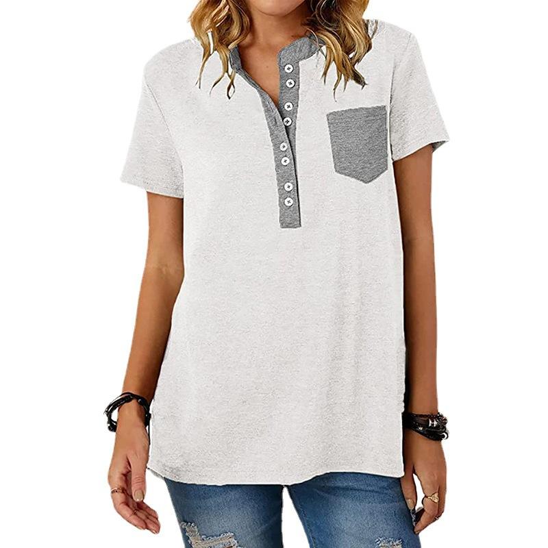 2026 Fashion Simple Top Single-breasted Pocket Splicing Short Sleeve Casual Women's T-Shirt