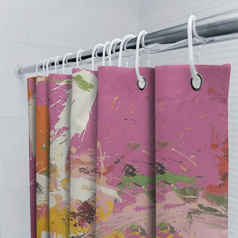 Fashionable Bath Shower Curtain Print Decor For Home Bathroom Decoration Pink Abstract Art With Orange Yellow Green Splashes, Po