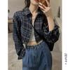 Women's Korean Retro Plaid Slimming Shirt - Long Sleeve, Short Top for Spring & Autumn 2025