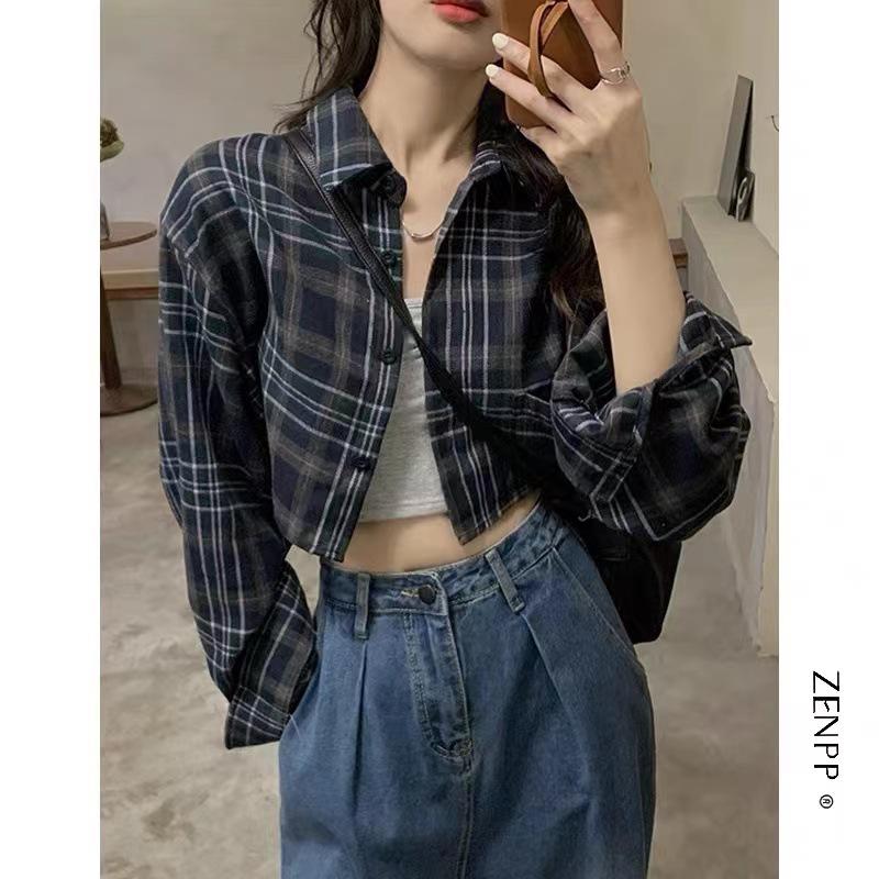 Women's Korean Retro Plaid Slimming Shirt - Long Sleeve, Short Top for Spring & Autumn 2025