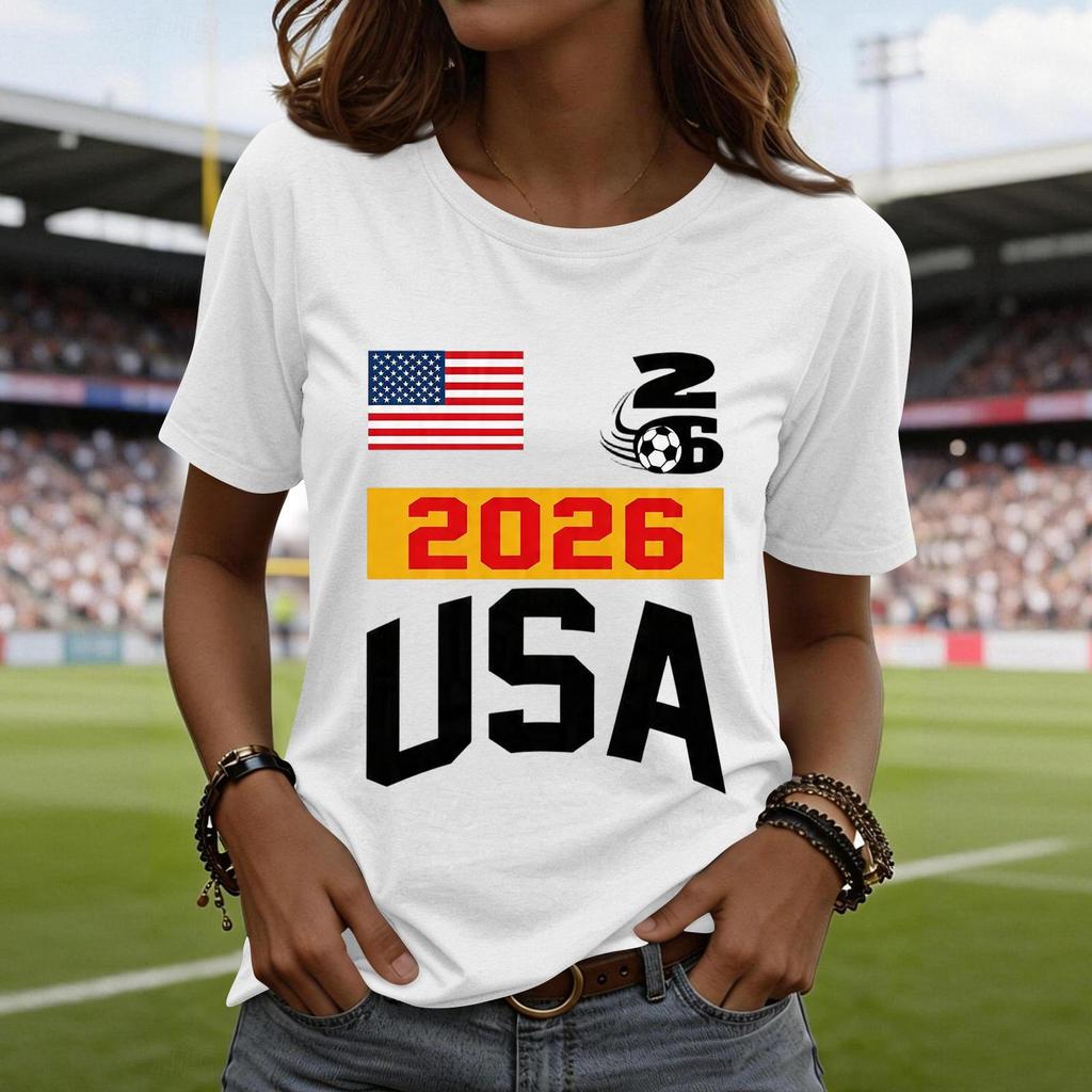 Women's Casual Short Sleeve T-Shirt Fashion Soccer World Cup Printed Crew Neck Top Lightweight Comfortable Fit USA 2026 Design