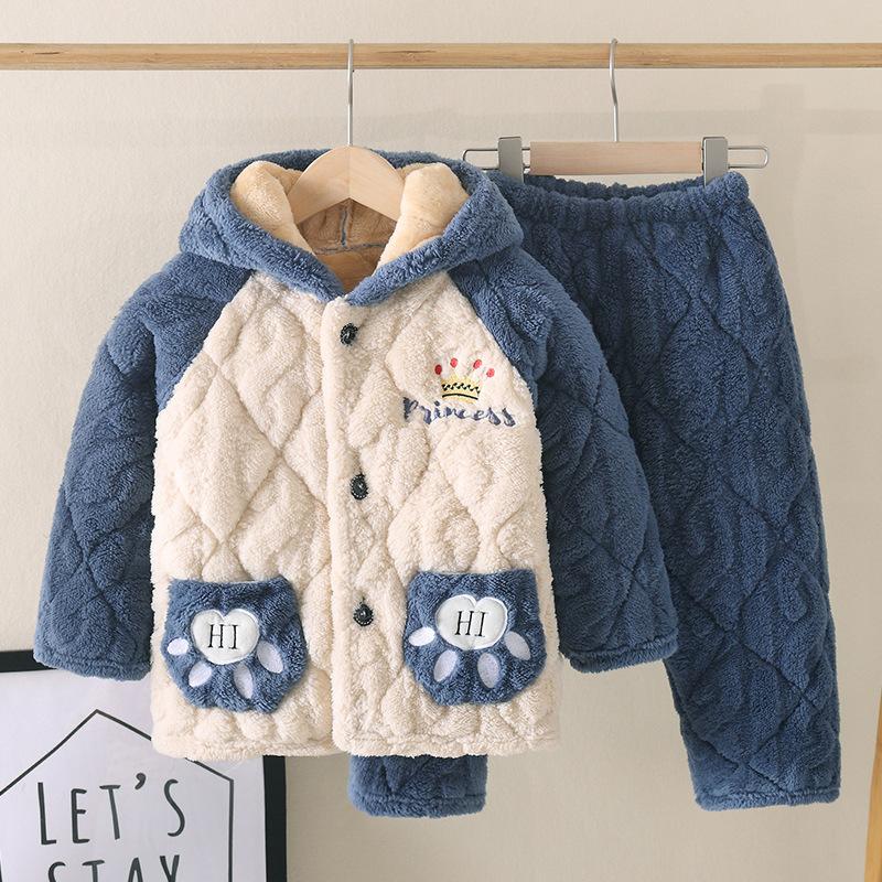 

Winter Kids Flannel Pajamas Cartoon Hooded Thicken Cotton-Padded Tops with Pants Boys Girls Sleepwear Pyjamas Sets Homewear 70