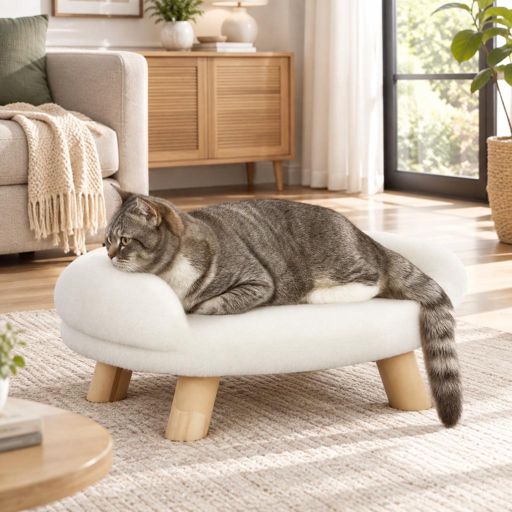 Pet Sofa for Small Dogs & Cats, Removable Plush Cover with Backrest, 47x40x20 cm, Cream