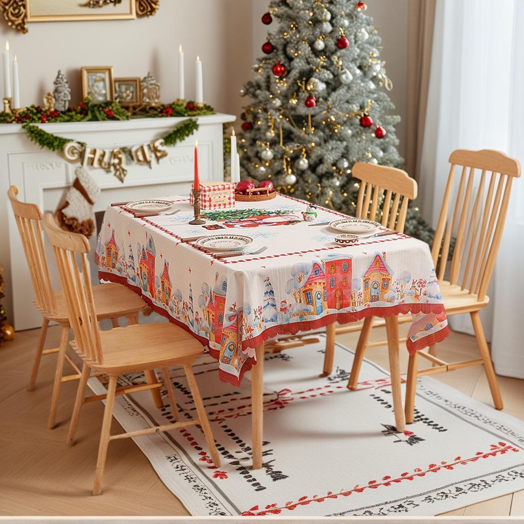 New American Tablecloth with Christmas Theme Dust-proof Dining Table Cloth Holiday Beautification Decorative Atmosphere Durable