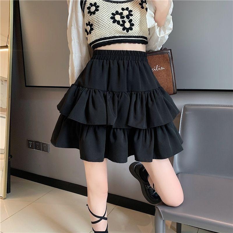 Summer Kawaii White Ruflles Skirt Women Fashion Slim Fit Chiffon Mini Skirts Giris Y2k All Match Elastic High Waist Black Skirt
