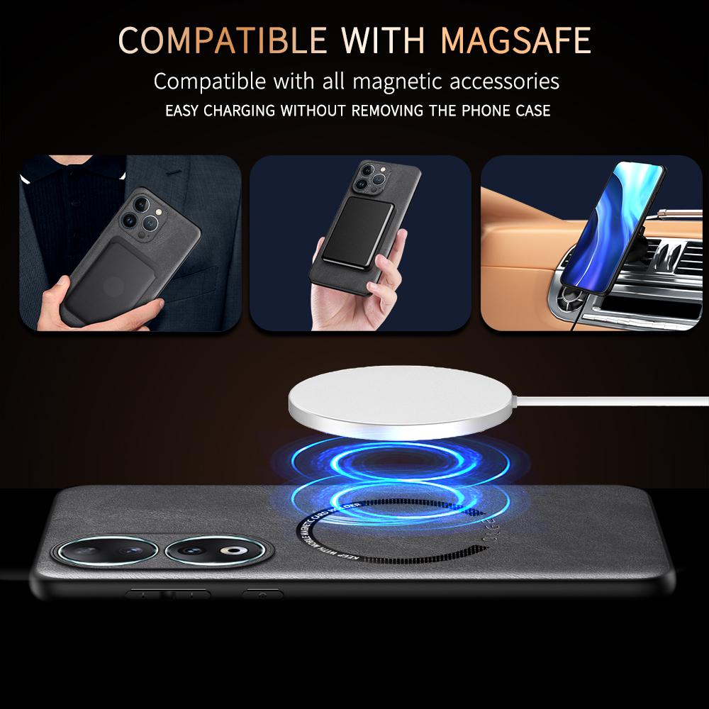 For Honor 90 90 Pro 90 Lite Fine Hole PU Cow Pattern Leather Outer Magnetic Ring Soft Edge Anti-Drop Anti-Fingerprint Phone Case