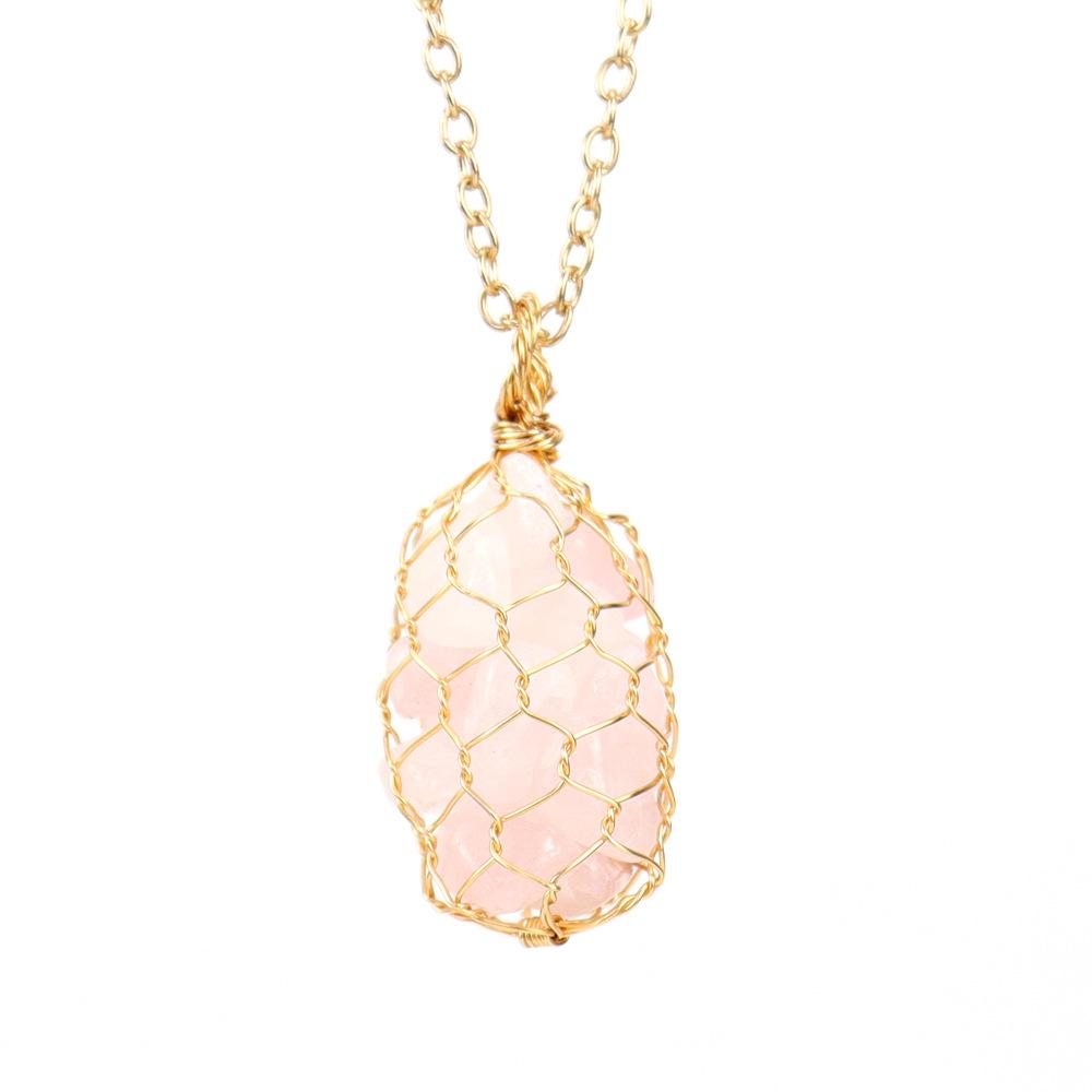 Natural Colorful Crystal Gravel Amethyst Copper Wire Hand-Woven Mesh Pocket Pendant Necklace N657