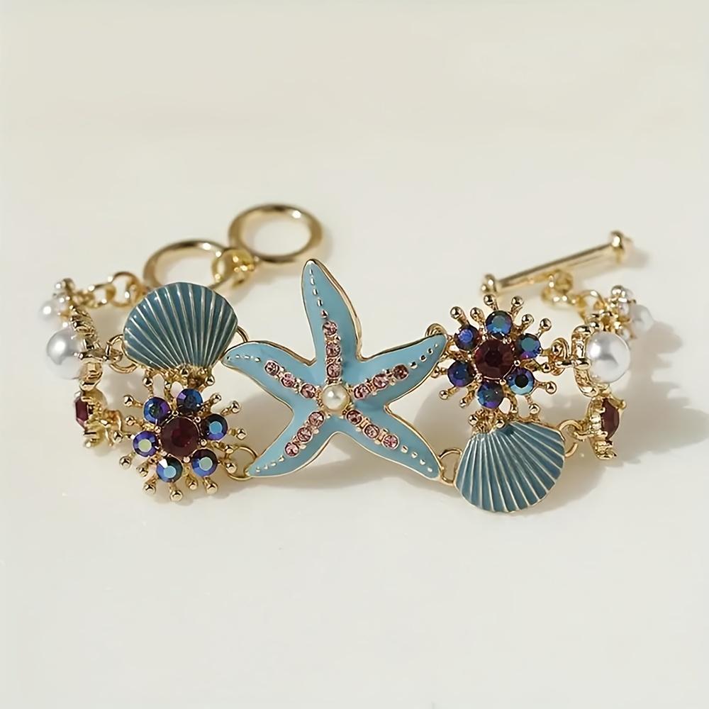 

1 шт. Богемский пляжный браслет с морской звездой, кораллом и ракушкой - Ювелирные изделия с золотым покрытием KC, Морская тематика, Синий Розовый Кристалл синий