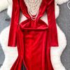 Autumn Winter Luxury Pearls Necklace Velvet Mermaid Dress Women's Stand Long Sleeve Sparkling Sequins Split Wedding Party Robe