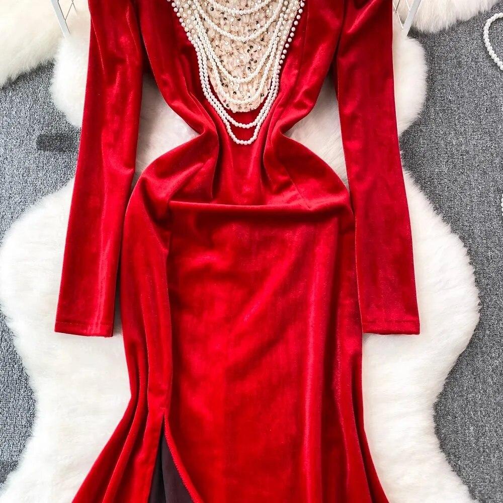 Autumn Winter Luxury Pearls Necklace Velvet Mermaid Dress Women's Stand Long Sleeve Sparkling Sequins Split Wedding Party Robe