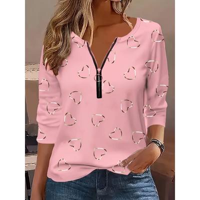 Plus Size, Women's Casual Long Sleeve T-Shirt with Heart Print & Front Zipper - Relaxed Fit Plus Size