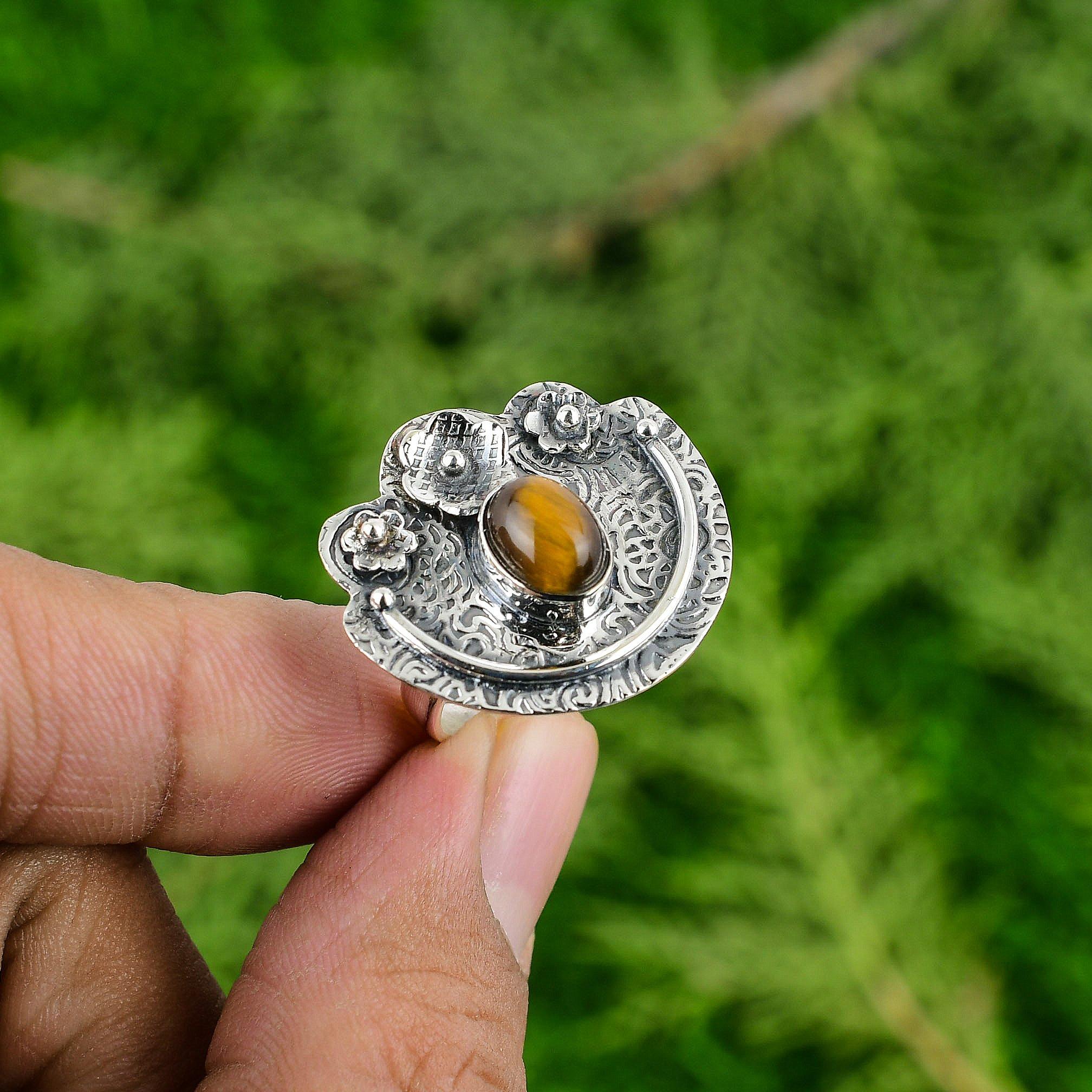

Natural Tiger S Eye Gemstone Promise Flower Yellow Adjustable Ring 925 Silver Adjustable