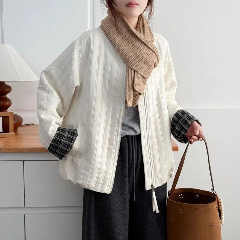 

Women s Winter New Style Zippered Striped Sleeves Plaid Splicing Cotton Coat Thickened Coat Casual Jacket XL белый