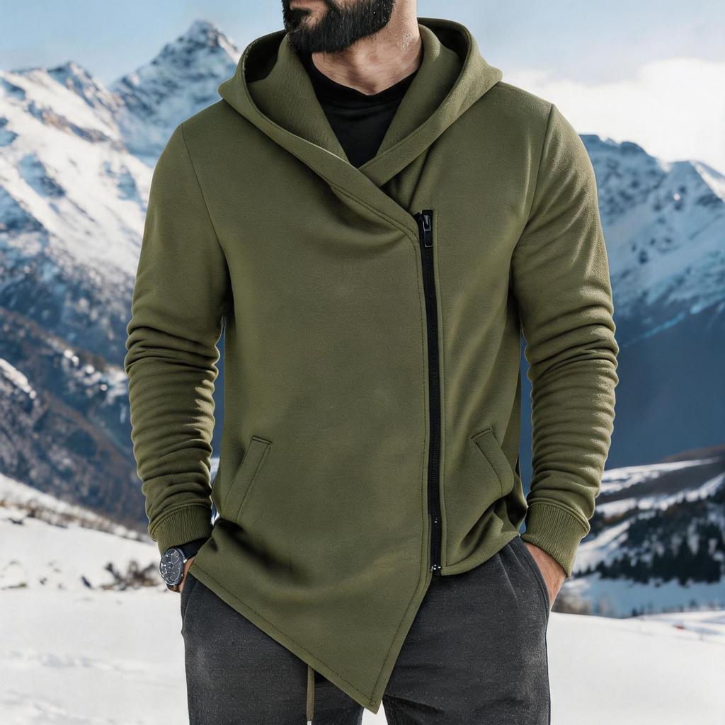 Men Fleece Hoodies Asymmetric Diagonal Zipper Sweatshirt Autumn Winter Casual Long Sleeve Hooded Jacket