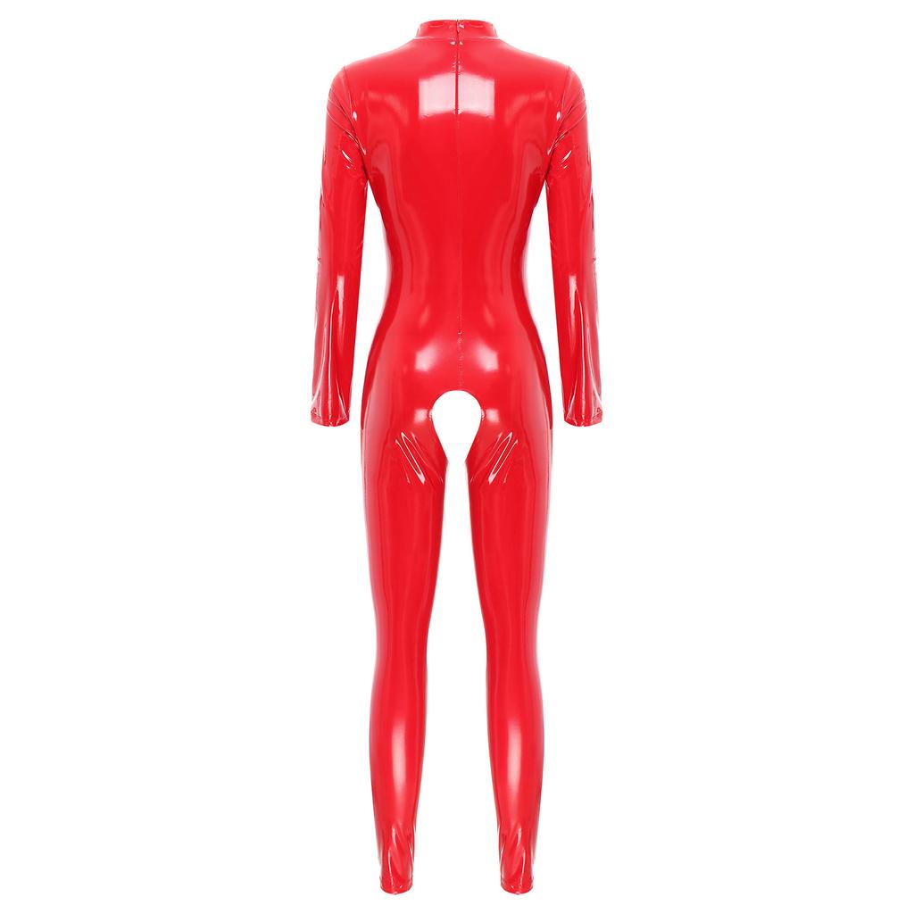 Womens Patent Leather Catsuit Hollow Out Design Mock Neck Long Sleeve Zipper Back Clubwear