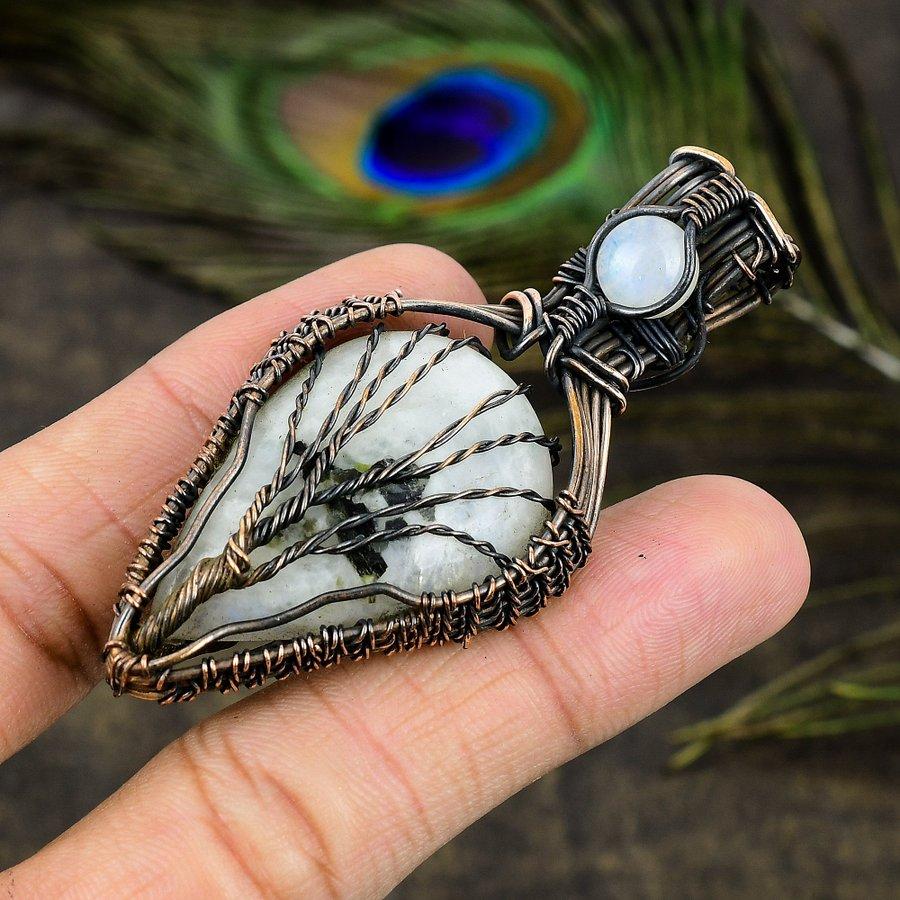 Rainbow Moonstone Gemstone Copper Wire Wrap Jewelry Pendant 2.64"